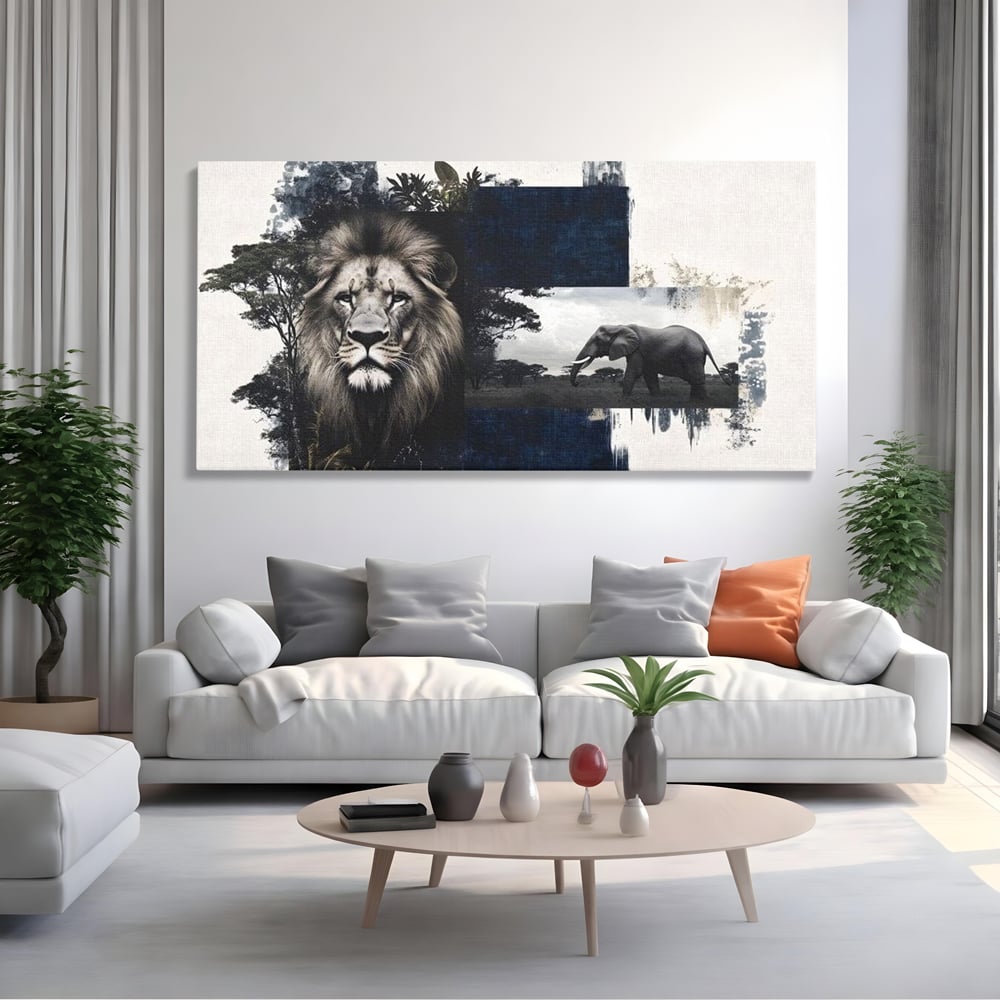 Tablou canvas cu tablou canvas cu leu si elefant, fara rama, pe sasiu de lemn, pe perete intr-un living